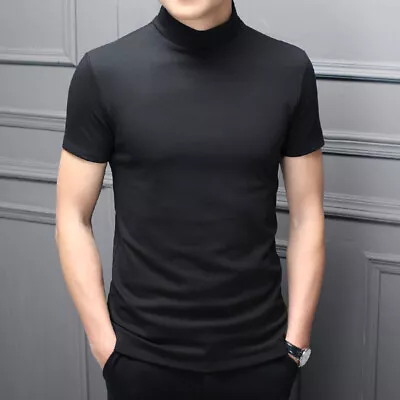 Buy Mens High Neck Basic Tees T-Shirt Short/Long Sleeve Plain Pullover Slim Tops UK • 11.02£