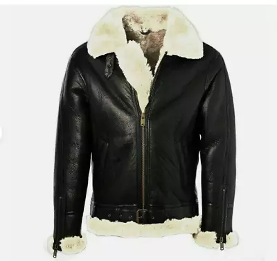 Buy Aviator Fur B3 Bomber Black Real Leather Jacket Genuine Sheepskin For Mans • 28£