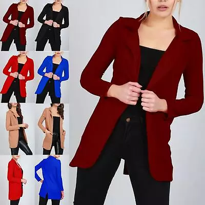 Buy Ladies Collar Blazer Open Front Long Sleeve Pocket Jacket Duster Womens Cardigan • 10.99£
