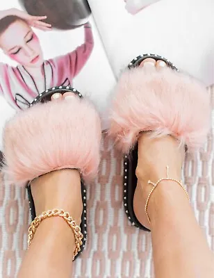 Buy Ladies Fayux Fur Fluffy Womens Studs Sliders Warm Fashion Slippers Shoes Size Uk • 9.95£