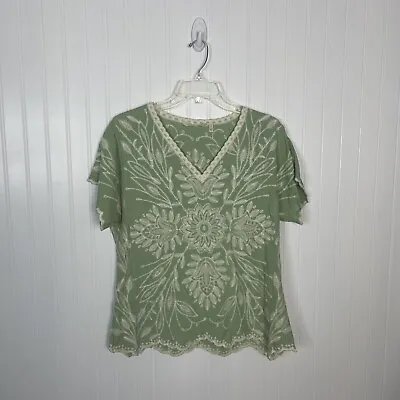 Buy Soft Surroundings Top Small Green Cream Floral Embroidery Boho Spring V-neck • 24.14£