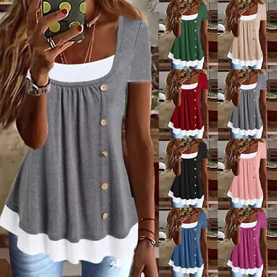 Buy Womens Short Sleeve Pleated Tunic Tops Ladies Summer Patchwork Blouse T Shirt 14 • 2.89£