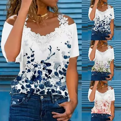 Buy Womens Lace Cold Shoulder T-Shirts Tee Ladies Summer Casual V-Neck Tops Blouse • 4.99£