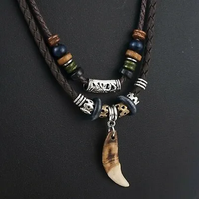 Buy Vintage Men's Wolf Tooth Pendant Leather Beaded Weaved Prayer Necklace Jewelry • 10.69£
