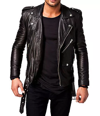 Buy Men Leather Jacket Black Slim Fit Biker Leather Jacket • 64.99£