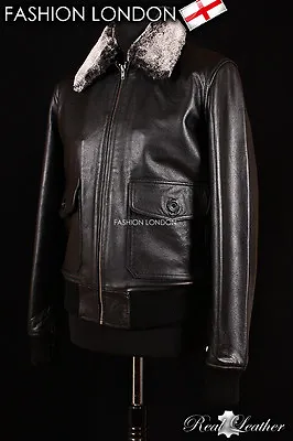 Buy BOSTON Mens Leather Jacket Black Fur Collared Aviator Bomber Real Leather Jacket • 87.81£