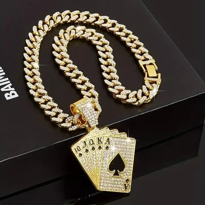 Buy 18k Gold Filled Cuban Link 13mm Chain Necklace With Iced Poker Card Hand Pendant • 48.98£