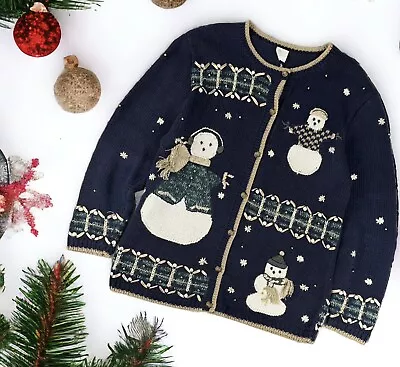 Buy Christmas Winter Sweater Cardigan Size XL Navy Knit Tacky Ugly Showmen Beaded • 28.34£
