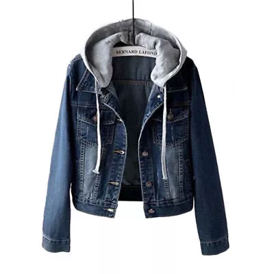 Buy Women Casual Long Sleeve Denim Jacket Coat Hoodies Outwear Hooded Blue Jeans Top • 17.29£
