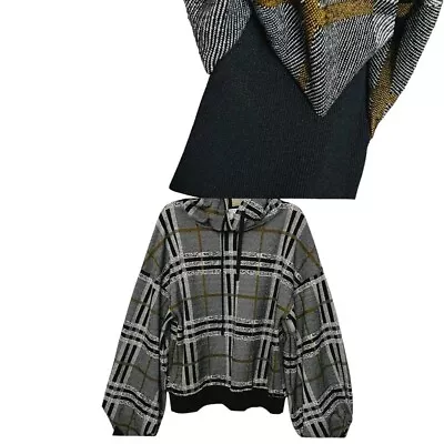 Buy NWOT RARE Current Air Gray Plaid Balloon Sleeve Hoodie SweaterSz S • 31.17£