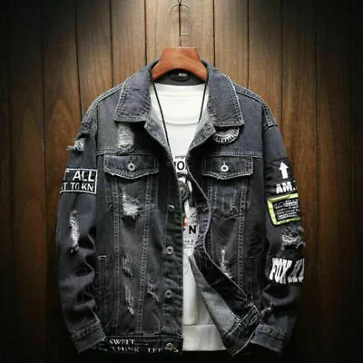Buy Men's Jeans Jacket Retro Ripped Frayed Denim Coat Hip Hop Destroyed Outwear New • 47.99£
