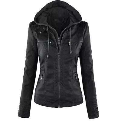Buy Womans Ladies Faux Leather Hooded Jacket Jackets Biker Coat Slim Outwear Tops • 24.71£