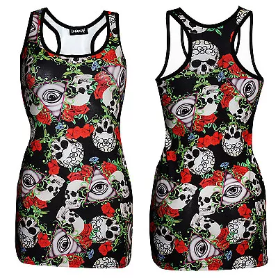 Buy Unique Watcher Gothic Eye Floral Skull Roses Tattoo Print Long Top Alternative • 21.99£