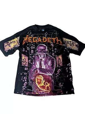 Buy Genuine Vintage MEGADETH Tshirt 1991 Vic Rattlehead All Over Bubbles Print RARE • 255£