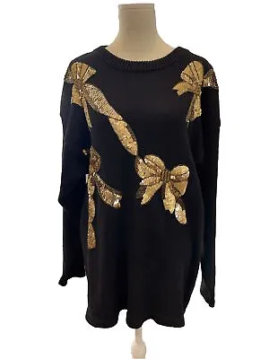 Buy Vintage 90s Sequin Gold Black Tacky Christmas New Year Ribbon Sweater Size Large • 33.15£
