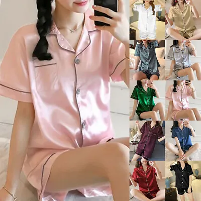Buy Women Satin Silk Pyjamas Nightwear PJs Set Ladies Short Sleeve Button Sleepwear • 9.89£