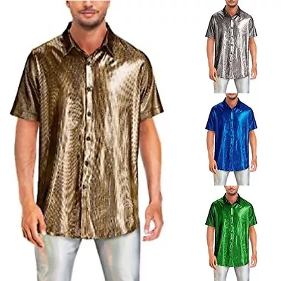 Buy Classic Men's Shiny T Shirt Lapel Collar Button Down Top For Everyday Wear • 19.22£