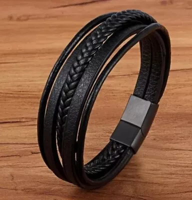 Buy Mens Black Leather Bracelet Wristband Stainless Steel Clasp Jewellery Gift 23CM • 7.85£