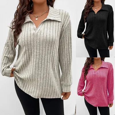 Buy Plus Size 20-28 Women Ribbed V Neck T-Shirt Tops Jumper  Long Sleeve Pullover • 3.49£