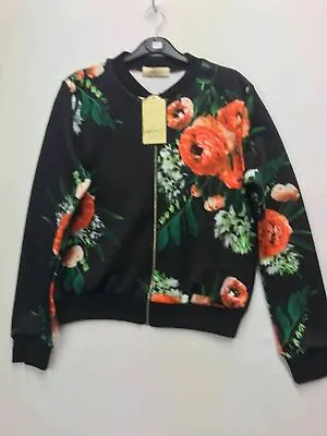 Buy Ladies Floral Print Stand Collar Zipper Digital Print Bomber Jacket Outwear 8-14 • 15.99£