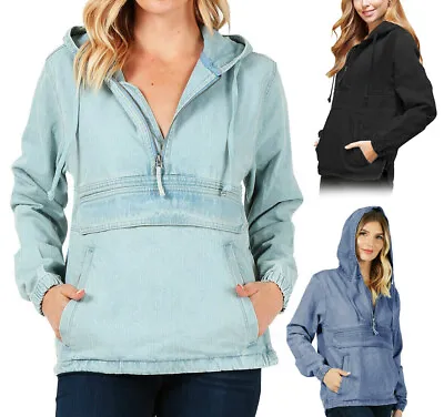 Buy Women’s Premium Denim Hoodie Half Zip Pullover Casual Cotton Jean Jacket • 32.70£