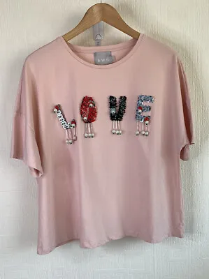 Buy BWG Pink Top T Shirt Love Embellishment Floral Sequin Pearls 100% Cotton Size L • 32£