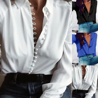 Buy Women Long Sleeve Collar Shirts Ladies Work Casual Button Down Blouse Shirt Tops • 2.69£