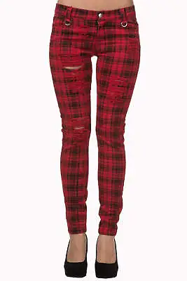 Buy Red Tartan Check Skinny Slashed Ripped Emo Rockabilly Trouser BANNED Apparel • 34.99£