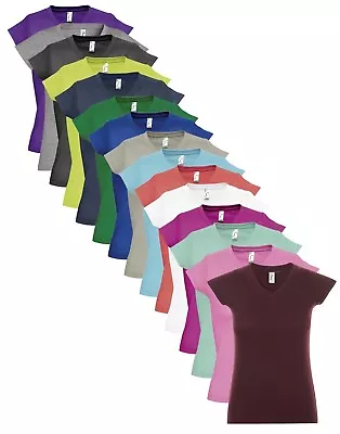 Buy Womens Ladies Plain Cotton Short Sleeve Vee V-Neck Tee T-Shirt Top TShirt S-3XL • 6.99£