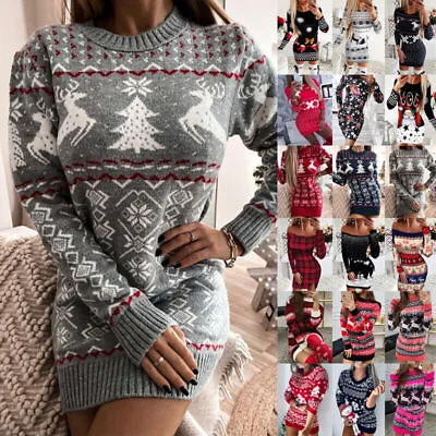 Buy Women Christmas Knitted Mini Jumper Dress Xmas Party Sweater Dresses Bodycon 16 • 19.69£