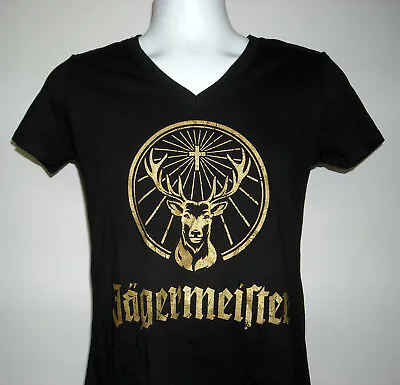 Buy Jagermeister Gold Shiny Stag Logo V Neck T Shirt Womens Large 100% Cotton Black • 19.94£