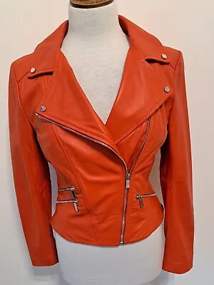 Buy KAREN MILLEN - Red 100% Real Leather Biker Style Zip Up Lined Jacket - Size 12 • 95.99£