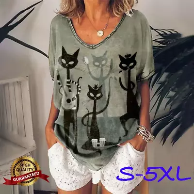 Buy Fashion V-Neck Short Sleeve T-Shirt Cats Cat Graphic Oversized Women Tees Blouse • 14.13£