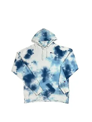Buy White And Blue Champion Bleached Tie Dye Embroidered Small Logo Hoodie Small • 14.99£