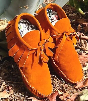 Buy Women Soft Suede Moccasins Cognac Color Fringe Lace Up Casual Ethnic USA Made • 72.34£