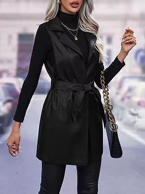 Buy Womens Sleeveless Gilet Cardigan Belt Jacket Coat PU Leather Waistcoat Vest SIZE • 16.79£