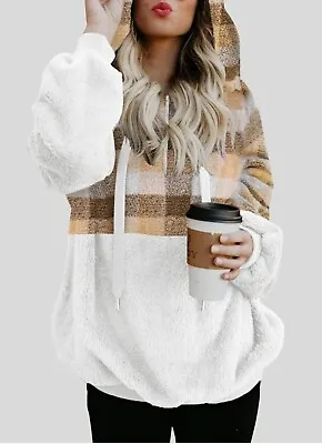 Buy Women's Color Block Oversized Furry Hoodie With Pockets Outwear  Khaki-2 Size M • 9.99£