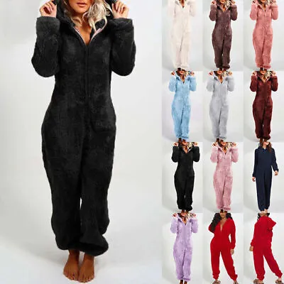 Buy Womens Teddy Bear Fluffy Fleece Hooded Jumpsuit 1Onesie Playsuit Pajamas Romper • 12.99£