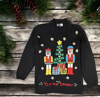 Buy VTG Christmas Tacky Sweater Pullover Black Knit Holiday Party Nutcrackers Size L • 28.41£