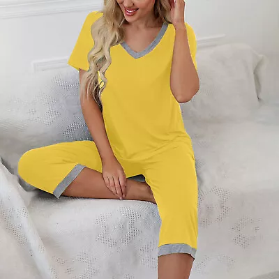 Buy Womens Summer Capri Pyjamas Sets Two Piece Ladies V-Neck Casual Cropped PJs 6-24 • 14.05£