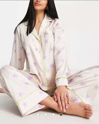 Buy BNWOT ASOS Design Petite Champagne Star Satin Three Piece Pyjamas Inc Shorts Set • 24.99£