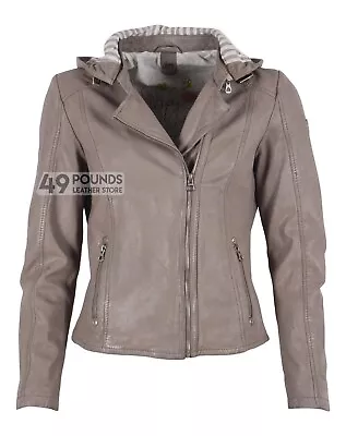 Buy Women's Real Leather Jacket Grey Hooded Biker Retro Style Printed Lining Jacket • 49£