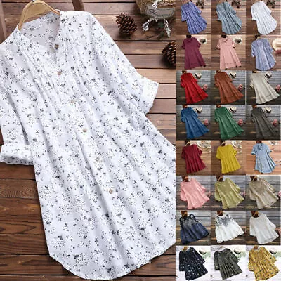 Buy Women Cotton Linen T-Shirt Dress Ladies Casual Baggy Tunic Tops Blouse Plus Size • 7.89£