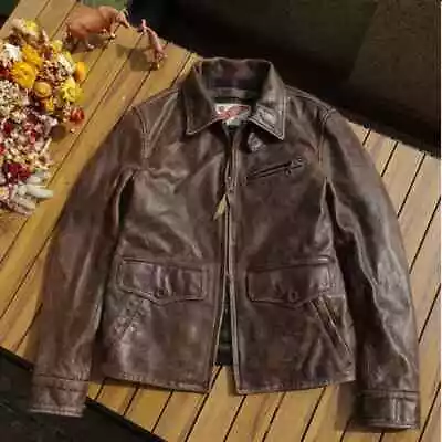 Buy Men Frosted Tea Core Cowhide Coat Vintage Brown Real Leather Jacket Outwear • 99£
