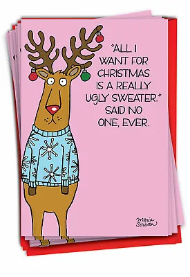 Buy 12 Funny Merry Christmas Cards Bulk (1 Design, 12 Cards) - Ugly Sweater Reindeer • 21.18£