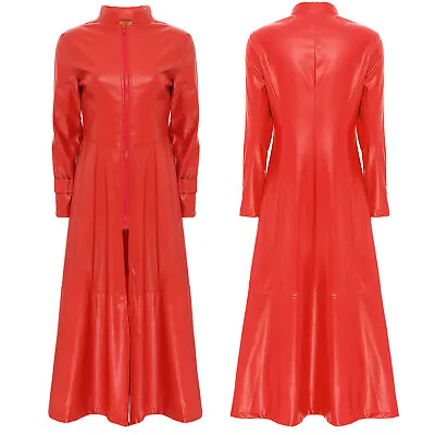 Buy UK Women PU Leather Long Jacket Stand Collar Long Sleeve Zipper Overcoat Outwear • 41.39£
