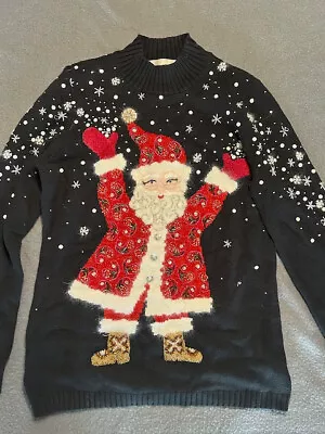 Buy Susan Bristol Santa Christmas Sweater Sz Small Black Mock Turtleneck 2005 Snow • 28.67£