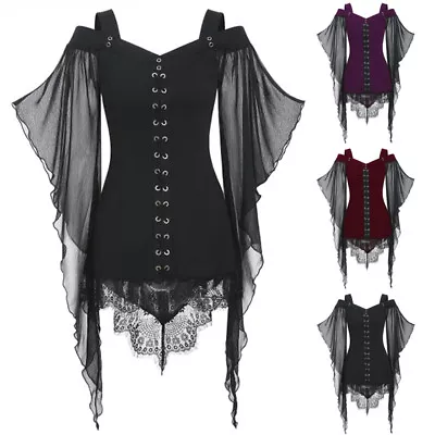 Buy Ladies Steampunk Victorian Gothic Tops Lace Up Batwing Blouse Halloween Clothes • 33.11£