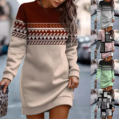 Buy Women Printed Sweatshirt Dress Ladies Long Sleeve Colorblock Mini Jumper Dresses • 3.09£