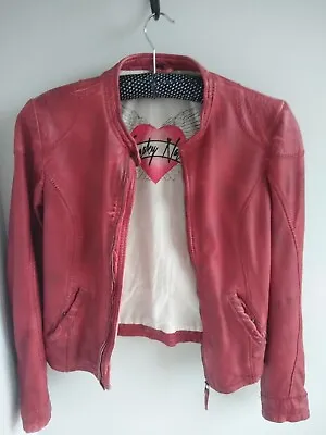 Buy Freaky Nation Red Leather Collarless Zip Up Jacket With Pockets Pre Worn Size S • 45£